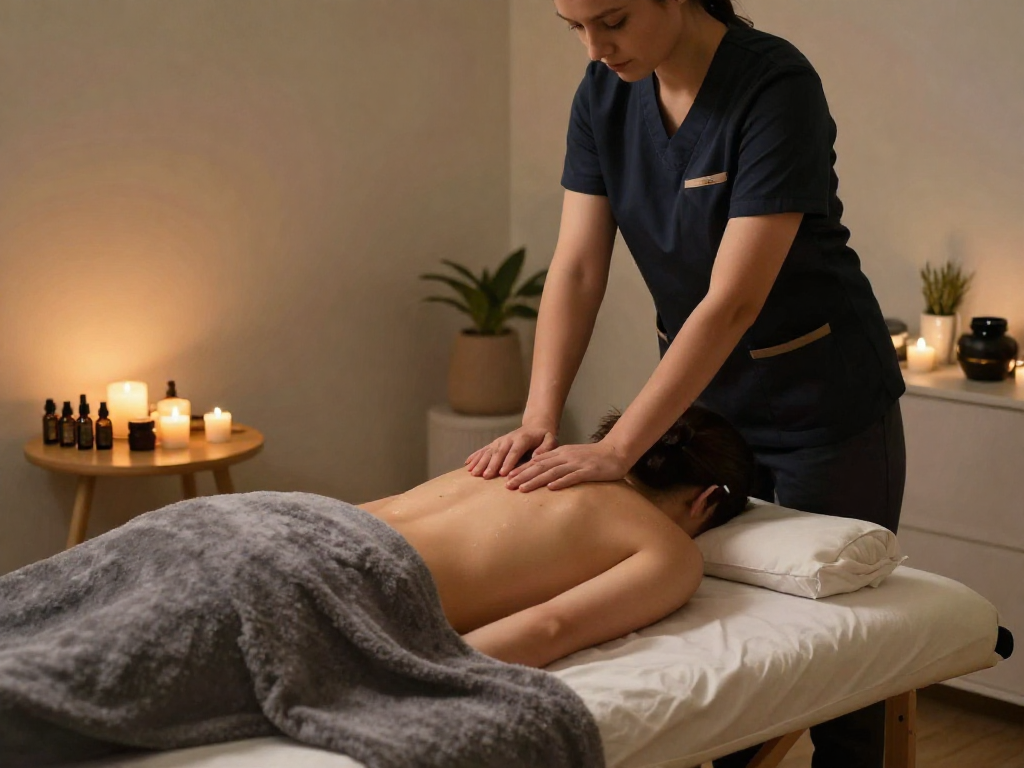 Enjoying a relaxing 출장마사지 in a cozy wellness space with soothing ambiance.