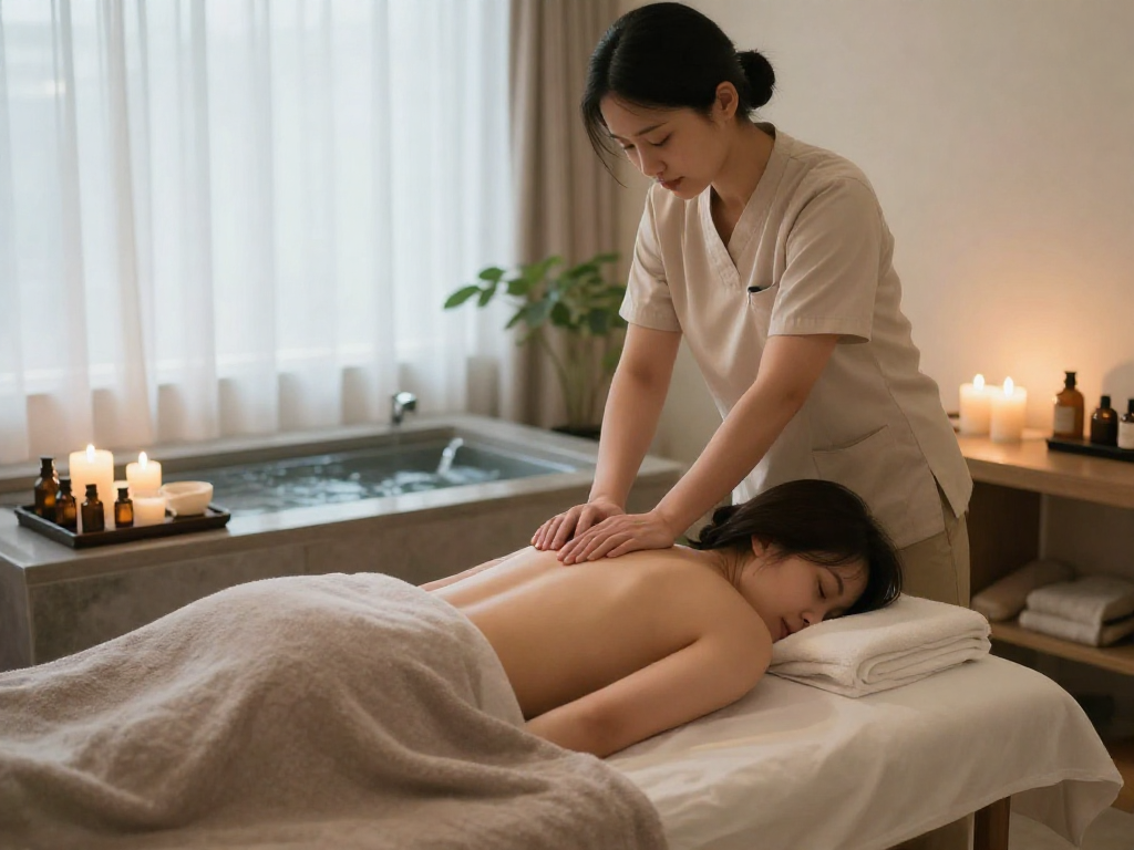 Soothe your senses with a tranquil 노원출장안마 experience in a calming massage therapy room, featuring soft lighting and essential oils.