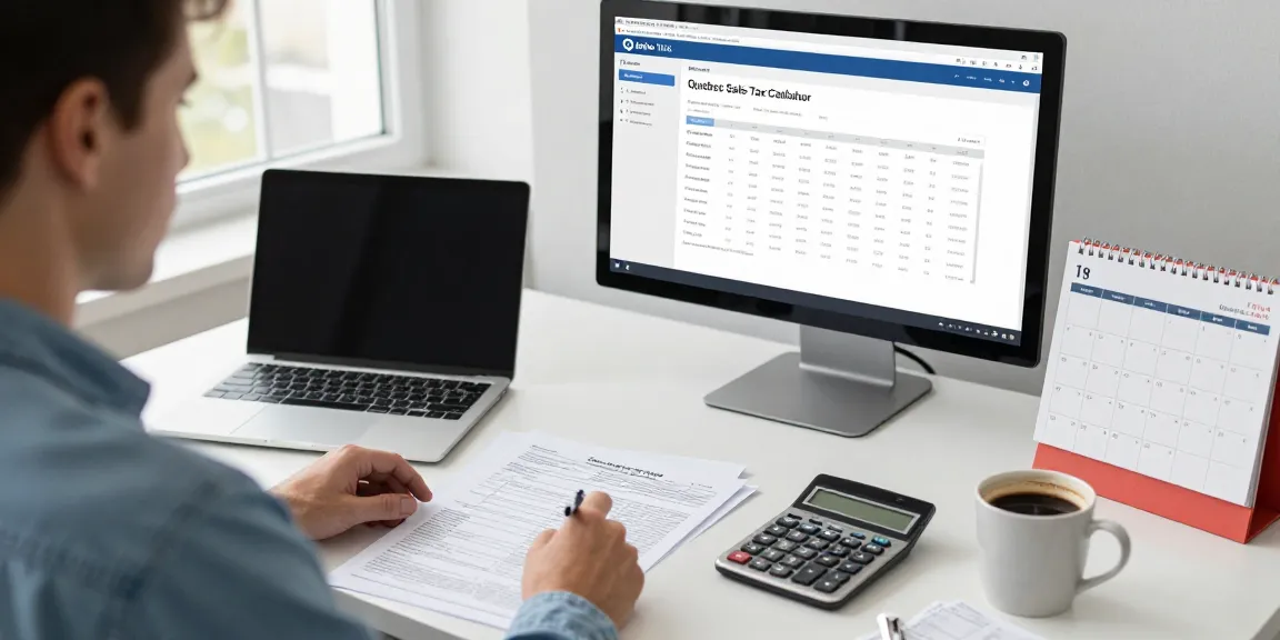 Accountant using the quebec sales tax calculator 2026 in a modern workspace, calculating taxes.