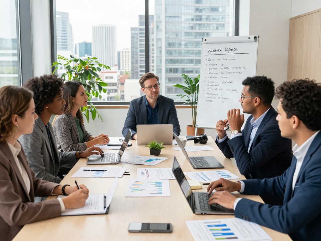 Zakelijke lening zonder jaarcijfers bespreken met ondernemers in moderne vergaderruimte.